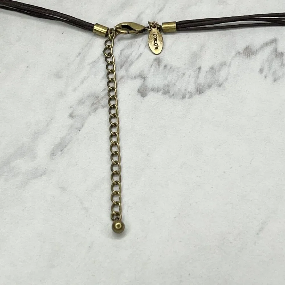 Chico's Double Strand Brown Cord Beaded Gold Tone Necklace